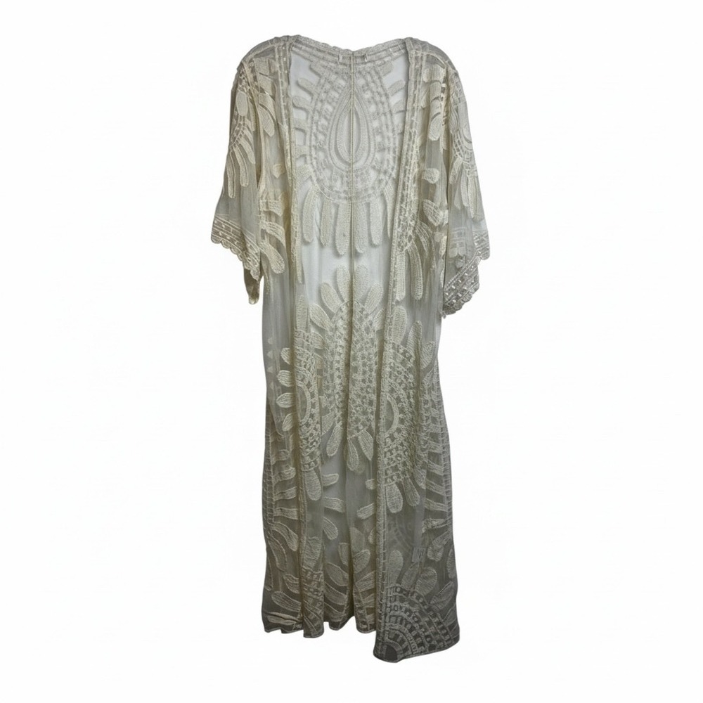 Cream Floral Lace Mesh Duster Cardigan Sheer Boho Longline Coverup One Size - Picture 6 of 6